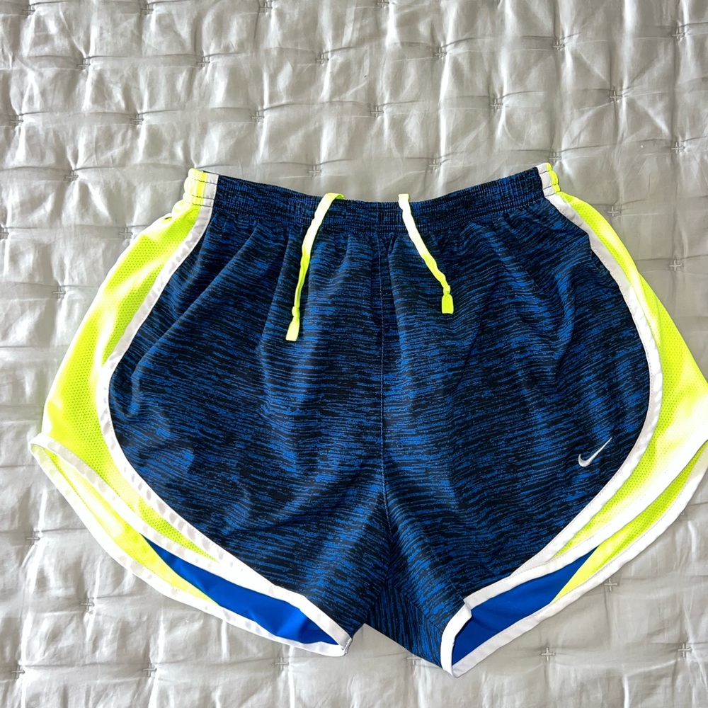 NIKE women’s Dri Fit running/athletic shorts, color, blue, neon. Size, medium